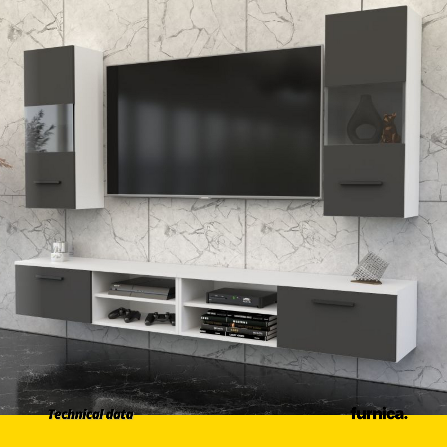 MIRANDA - Meuble TV Suspendu - 4 Armoires - Blanc Matt / Gris Anthracite