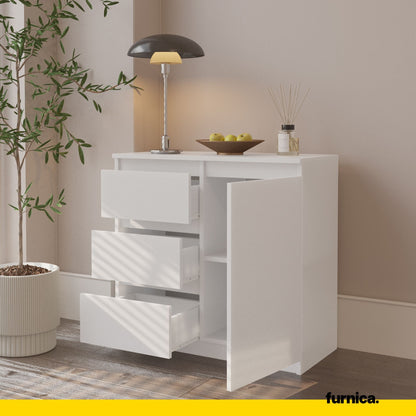 MIKEL - Commode 3 Tiroirs et 1 Porte - Armoire de Rangement pour Couloir/Chambre à Coucher - Buffet - H75cm L80cm P35cm (Blanc)