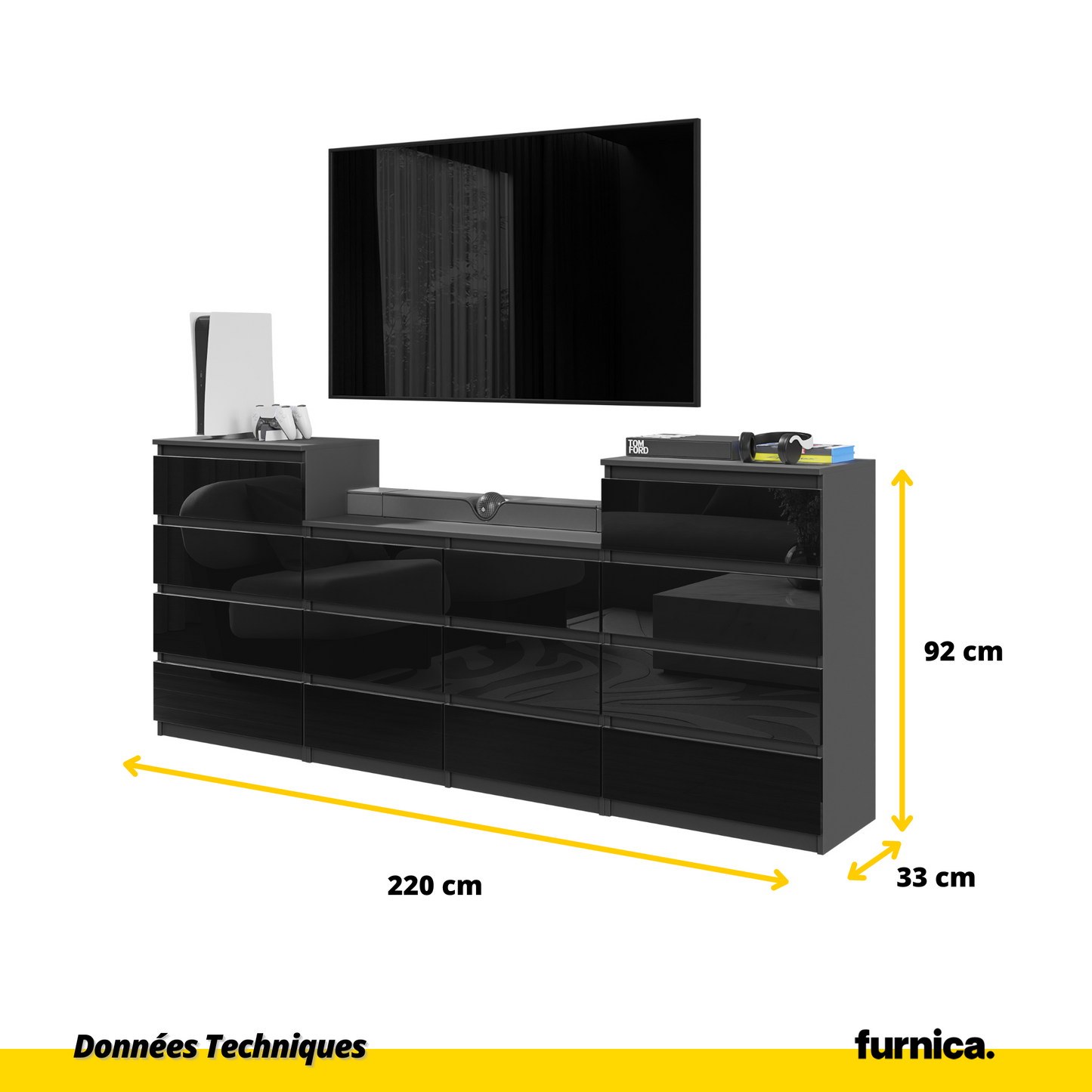 GABRIEL - Commode 14 Tiroirs (4+6+4) - H92cm L220cm P33cm (Anthracite / Noir Brillant)