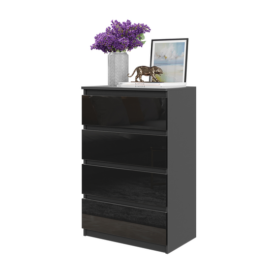 GABRIEL - Commode 4 Tiroirs - Table de Chevet Buffet - H92cm L60cm P33cm (Anthracite / Noir Brillant)