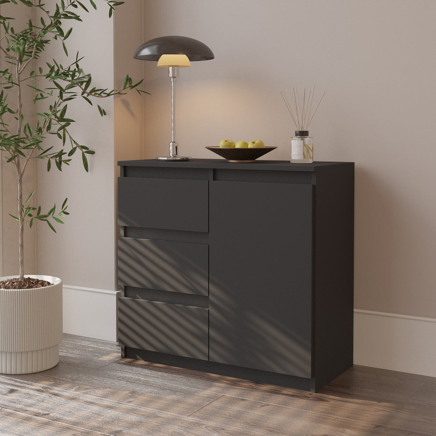 MIKEL - Commode 3 Tiroirs et 1 Porte - Armoire de Rangement pour Couloir/Chambre à Coucher - Buffet - H75cm L80cm P35cm (Anthracite)
