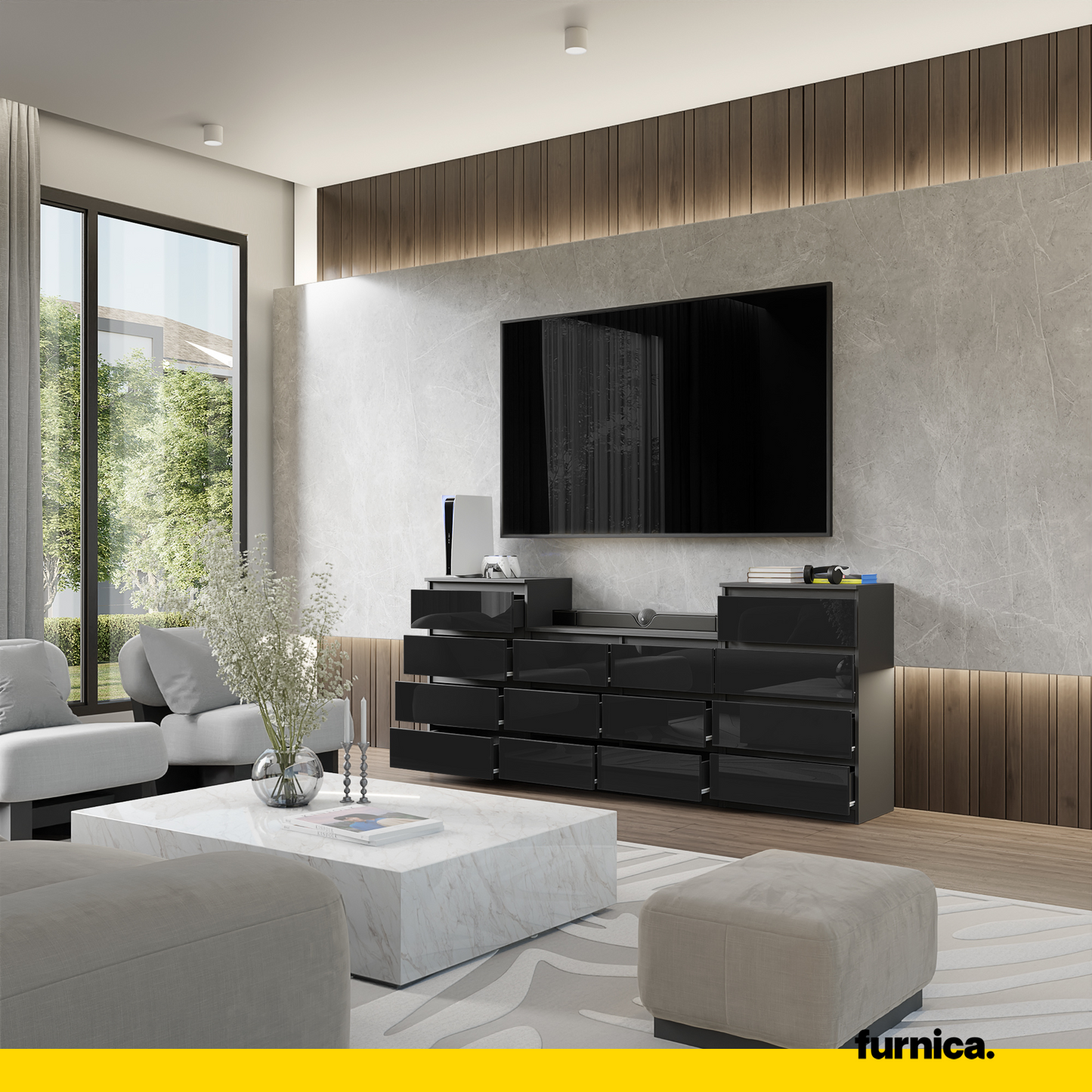 GABRIEL - Commode 14 Tiroirs (4+6+4) - H92cm L220cm P33cm (Anthracite / Noir Brillant)