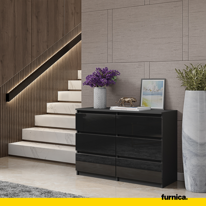 GABRIEL - Commode 6 Tiroirs - Buffet de Chevet - H71 cm L100 cm P33 cm (Anthracite / Noir Brillant)