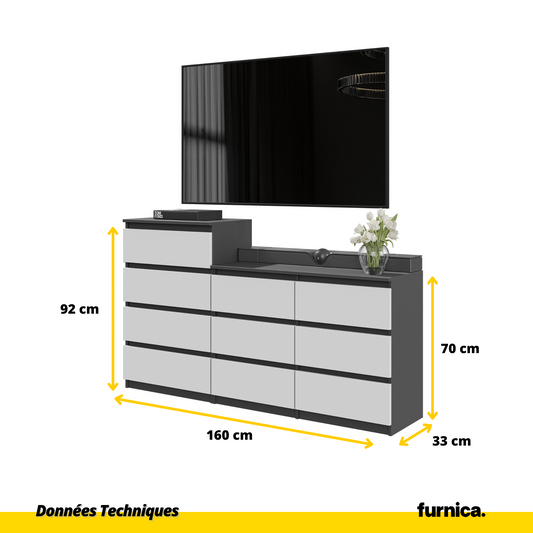 GABRIEL - Commode 10 Tiroirs (6+4) - H92/70 cm L160 cm P33 cm (Anthracite / Blanc Matt)