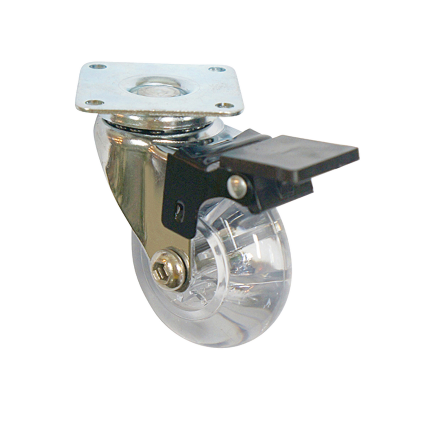 Roulette de meuble avec platine et frein - transparent - Chrome - Ø50 mm