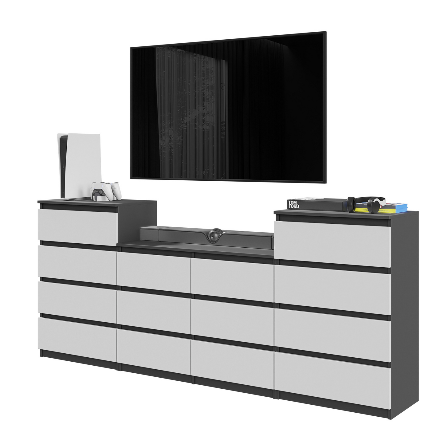 GABRIEL - Commode 14 Tiroirs (4+6+4) - H92cm L220cm P33cm (Anthracite / Blanc Matt)