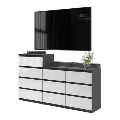 GABRIEL - Commode 10 Tiroirs (6+4) - H92/70 cm L160 cm P33 cm (Anthracite / Blanc Brillant)