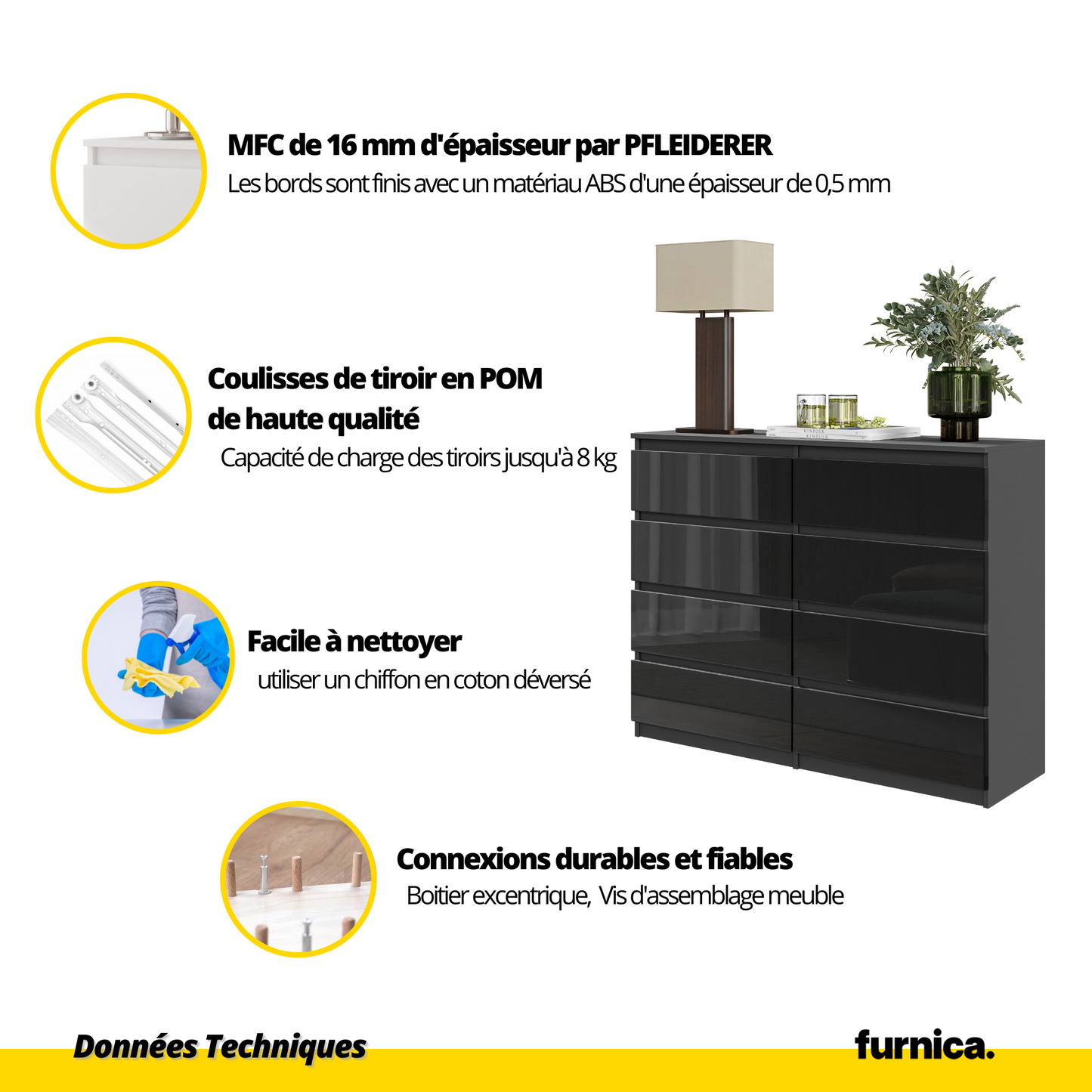 GABRIEL - Commode 8 Tiroirs - Buffet de Chevet - H92 cm L120 cm P33 cm (Anthracite / Noir Brillant)