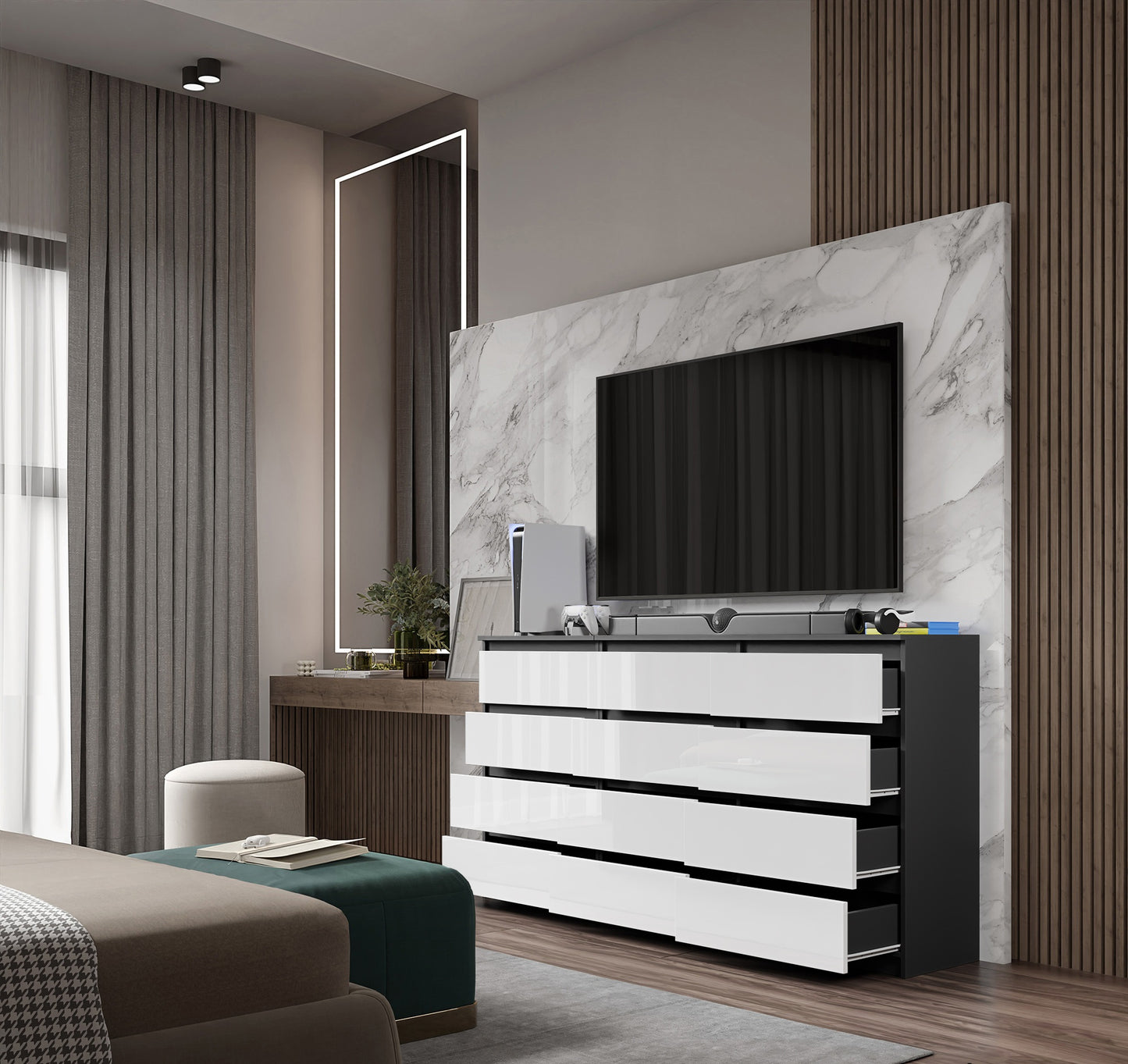 GABRIEL - Commode 12 Tiroirs (8+4) - H92cm L180cm P33cm (Anthracite / Blanc Brillant)