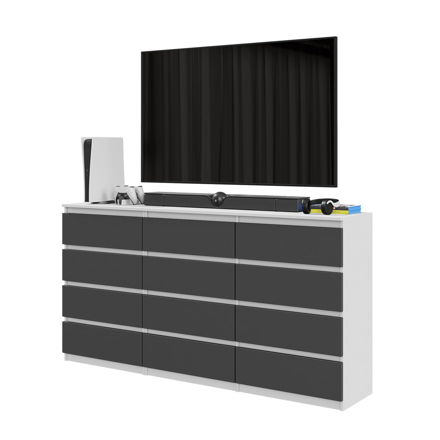GABRIEL - Commode 12 Tiroirs (8+4) - H92cm L180cm P33cm (Blanc Matt / Anthracite)