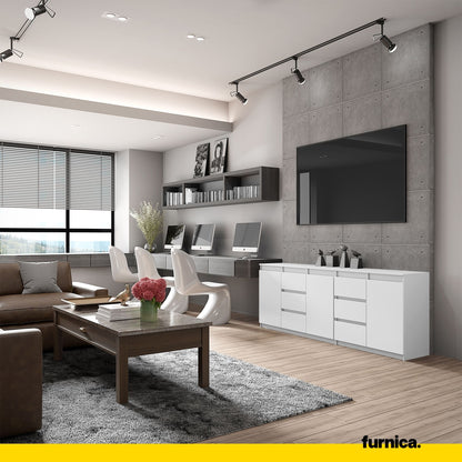 MIKEL - Commode 6 Tiroirs et 3 Portes - Armoire de Rangement pour Couloir / Chambre à Coucher - Buffet - Blanc Matt H75cm L200cm P35cm