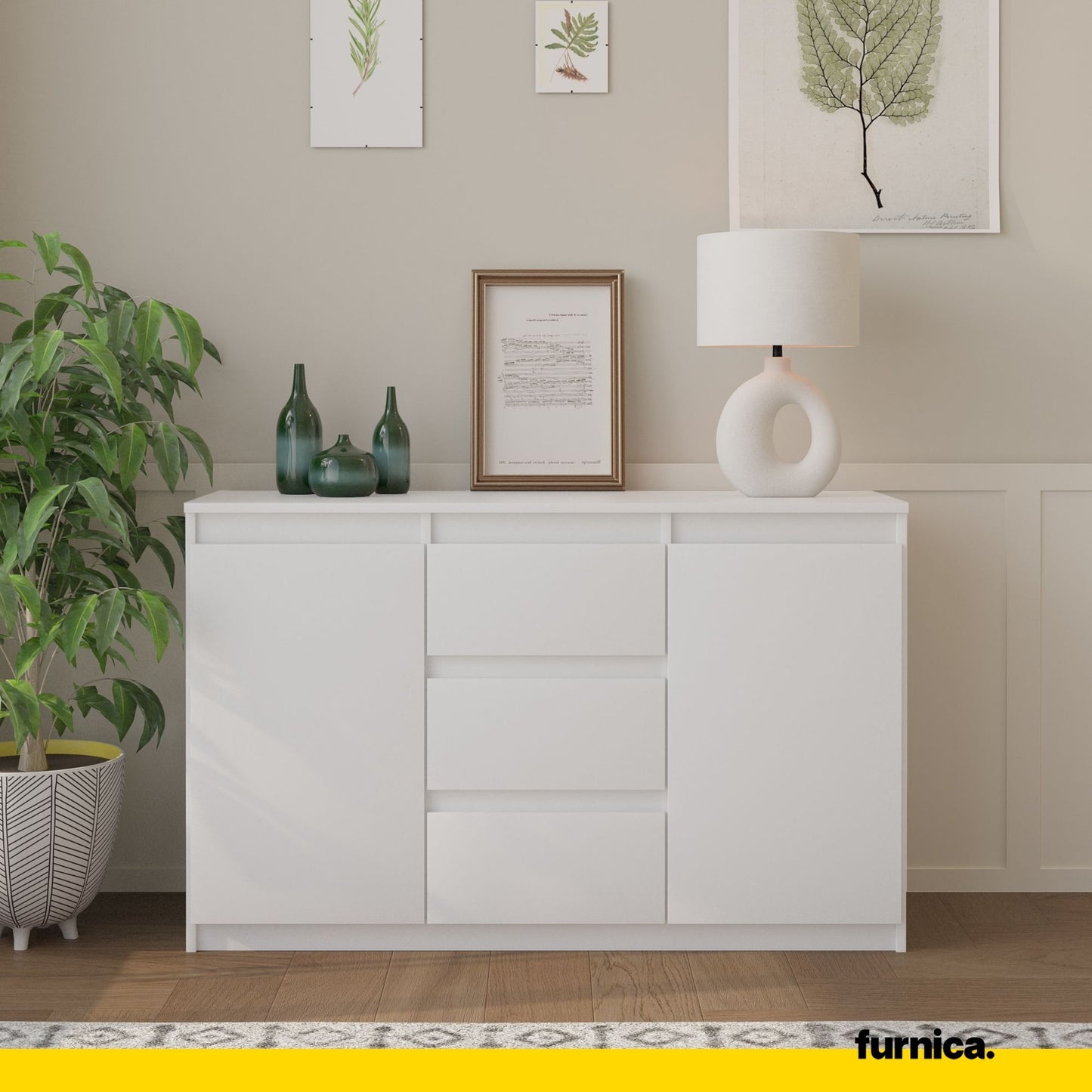 MIKEL - Commode 3 Tiroirs et 2 Portes - Armoire de Rangement pour Couloir/Chambre à Coucher - Buffet - H75cm L120cm P35cm (Blanc)