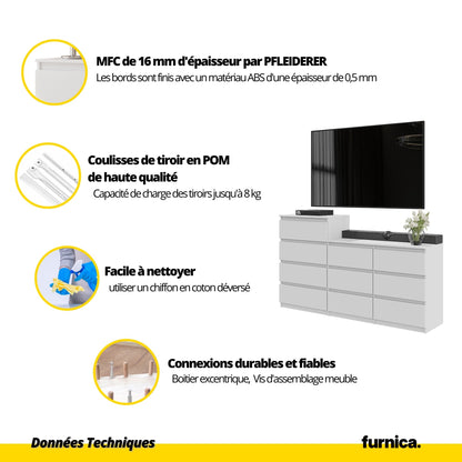 GABRIEL - Commode 10 Tiroirs (6+4) - H92/70 cm L160 cm P33 cm (Chêne Wotan)