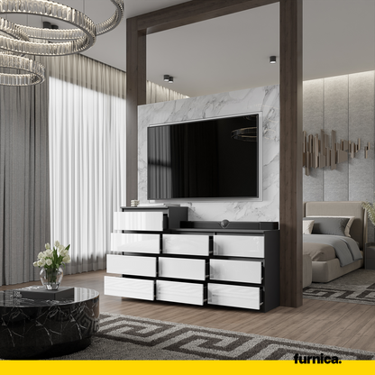 GABRIEL - Commode 10 Tiroirs (6+4) - H92/70 cm L160 cm P33 cm (Anthracite / Blanc Brillant)