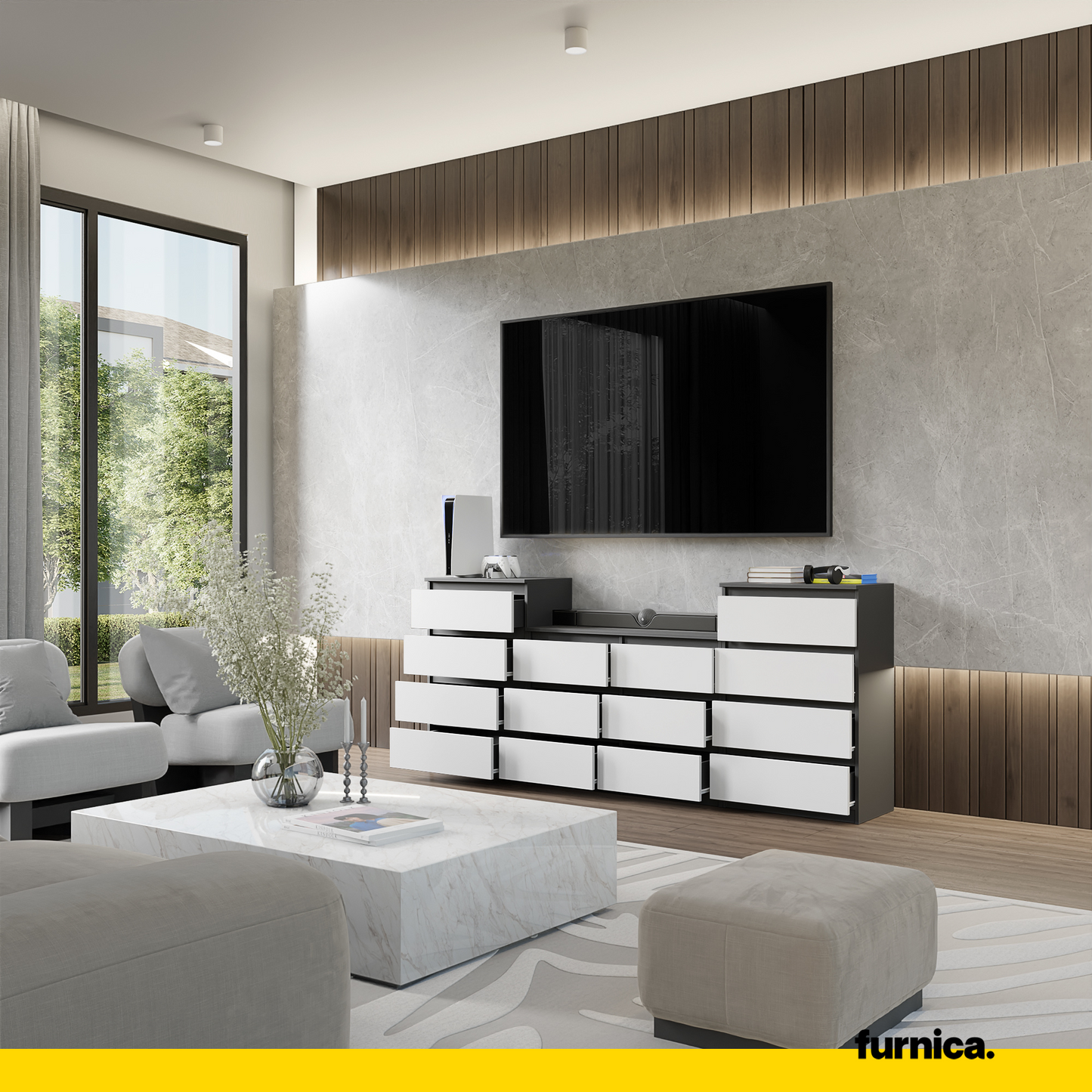 GABRIEL - Commode 14 Tiroirs (4+6+4) - H92cm L220cm P33cm (Anthracite / Blanc Matt)