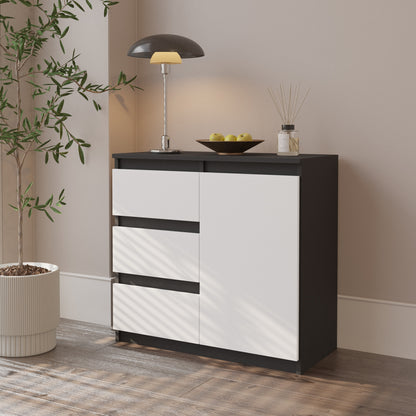 MIKEL - Commode 3 Tiroirs et 1 Porte - Armoire de Rangement pour Couloir/Chambre à Coucher - Buffet - H75cm L80cm P35cm (Anthracite/Blanc)