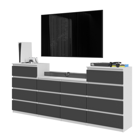 GABRIEL - Commode 14 Tiroirs (4+6+4) - H92cm L220cm P33cm (Blanc Matt / Anthracite)