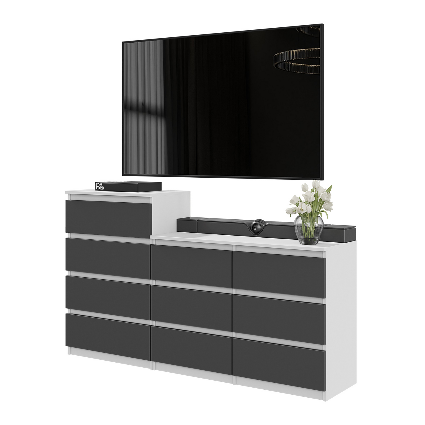 GABRIEL - Commode 10 Tiroirs (6+4) - H92/70 cm L160 cm P33 cm (Blanc Matt / Anthracite)
