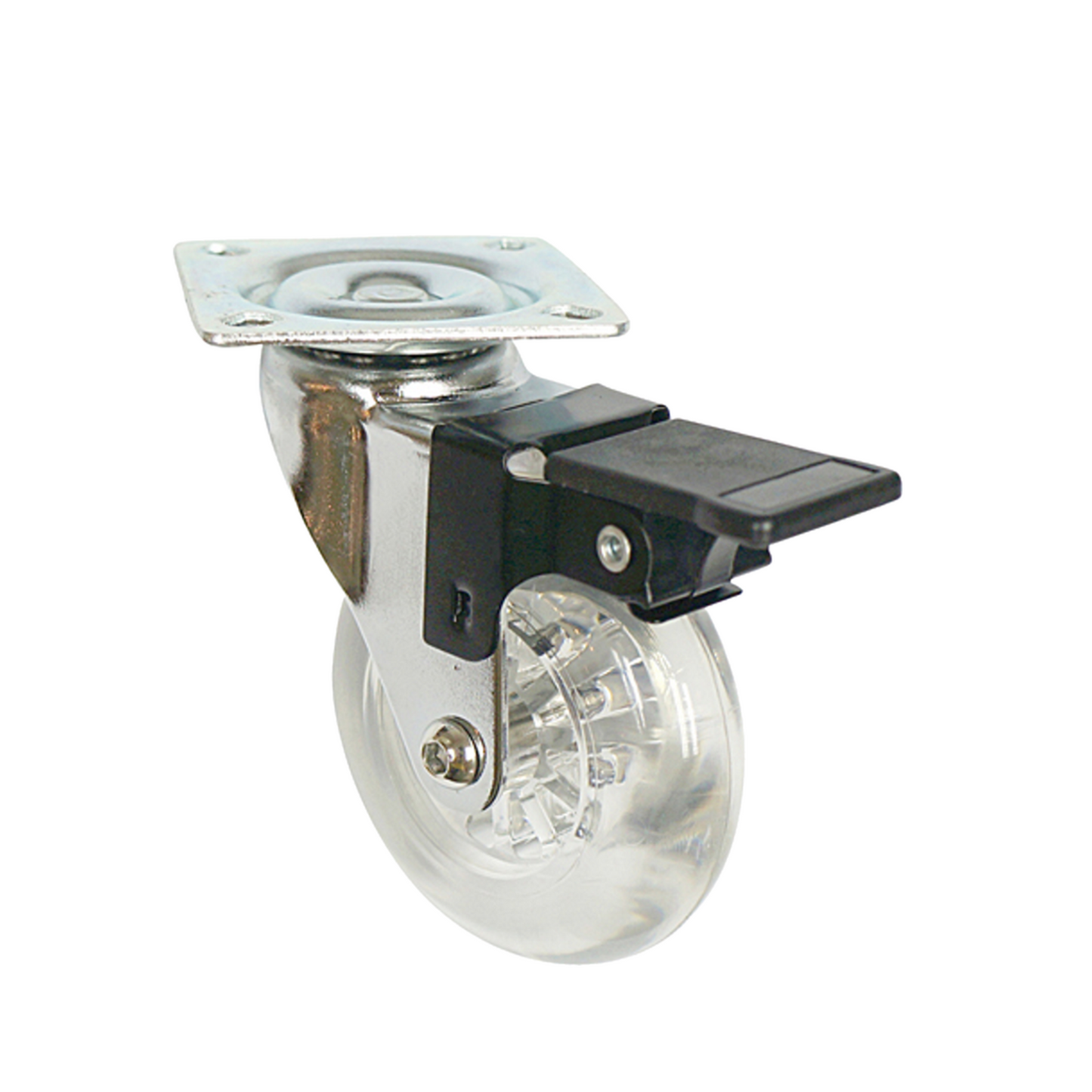 Roulette de meuble avec platine et frein - transparente - Chrome - Ø7,5cm
