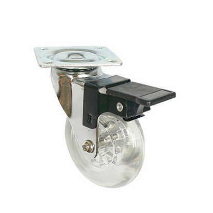 Roulette de meuble avec platine et frein - transparente - Chrome - Ø7,5cm
