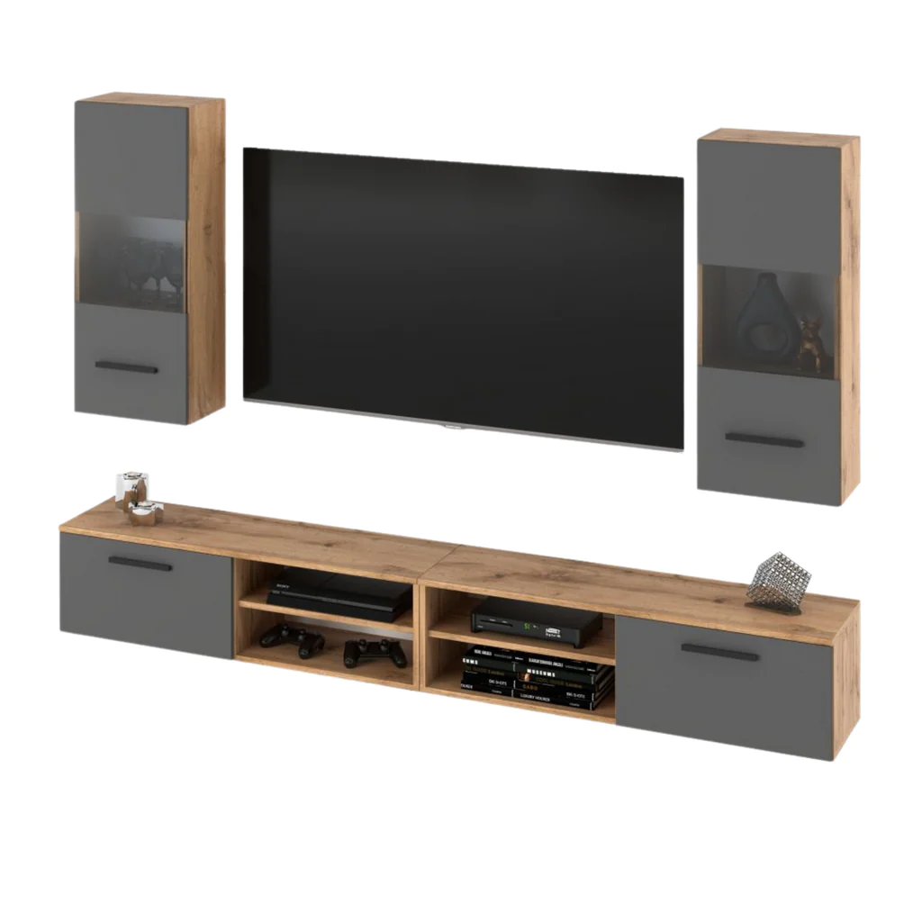 MIRANDA - Meuble TV Suspendu - 4 Armoires - Chêne Wotan / Gris Anthracite