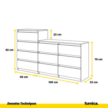 GABRIEL - Commode 10 Tiroirs (6+4) - H92/70 cm L160 cm P33 cm (Chêne Wotan)