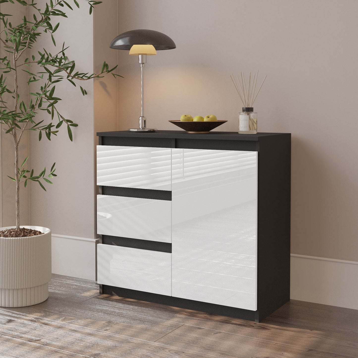 MIKEL - Commode 3 Tiroirs et 1 Porte - Armoire de Rangement pour Couloir/Chambre à Coucher - Buffet - H75cm L80cm P35cm (Anthracite/Blanc Brillant)