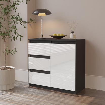 MIKEL - Commode 3 Tiroirs et 1 Porte - Armoire de Rangement pour Couloir/Chambre à Coucher - Buffet - H75cm L80cm P35cm (Anthracite/Blanc Brillant)