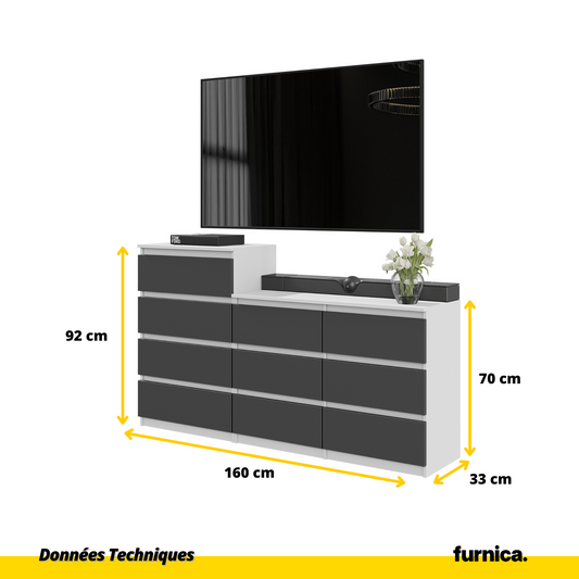 GABRIEL - Commode 10 Tiroirs (6+4) - H92/70 cm L160 cm P33 cm (Blanc Matt / Anthracite)