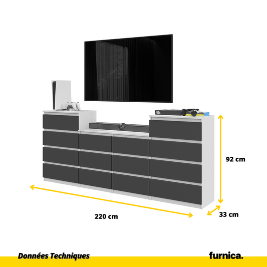 GABRIEL - Commode 14 Tiroirs (4+6+4) - H92cm L220cm P33cm (Blanc Matt / Anthracite)