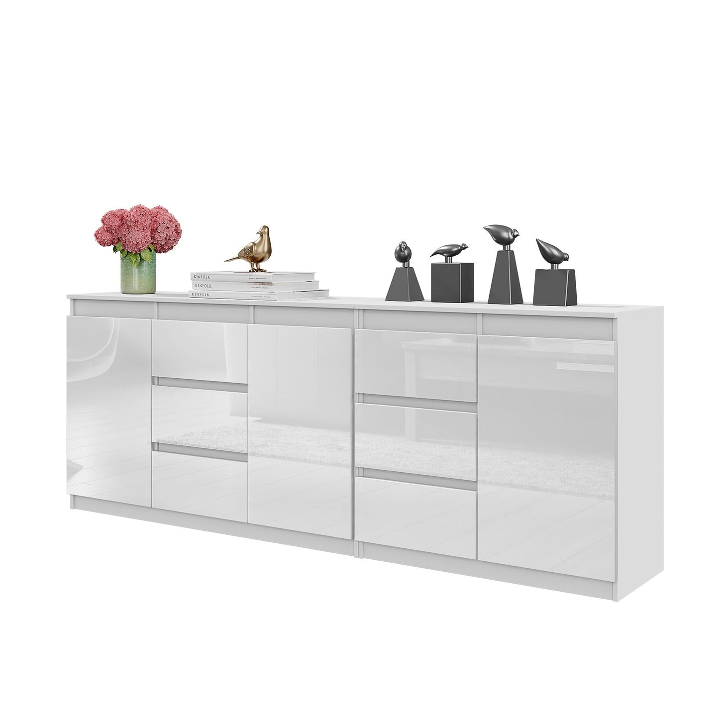 MIKEL - Commode 6 Tiroirs et 3 Portes - Armoire de Rangement pour Couloir / Chambre à Coucher - Buffet - Blanc Matt / Blanc Brillant H75cm L200cm P35cm