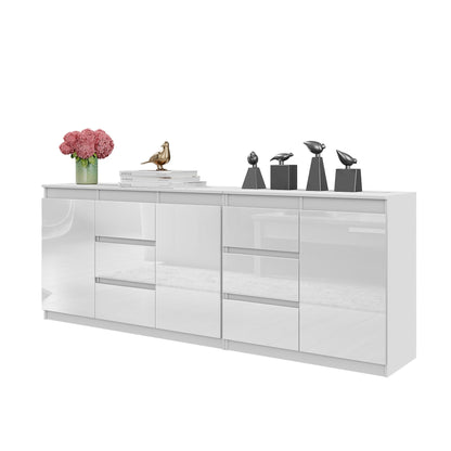 MIKEL - Commode 6 Tiroirs et 3 Portes - Armoire de Rangement pour Couloir / Chambre à Coucher - Buffet - Blanc Matt / Blanc Brillant H75cm L200cm P35cm