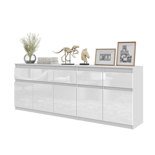 NOAH - Commode 5 Tiroirs et 5 Portes - Armoire de Rangement pour Couloir / Chambre à Coucher - Buffet - Blanc Matt / Blanc Brillant H75cm L200cm P35cm