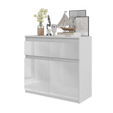 NOAH - Commode 2 Tiroirs et 2 Portes - Meuble de Rangement pour Couloir/Chambre - Buffet - H75cm L80cm P35cm (Blanc Matt/Blanc Brillant)