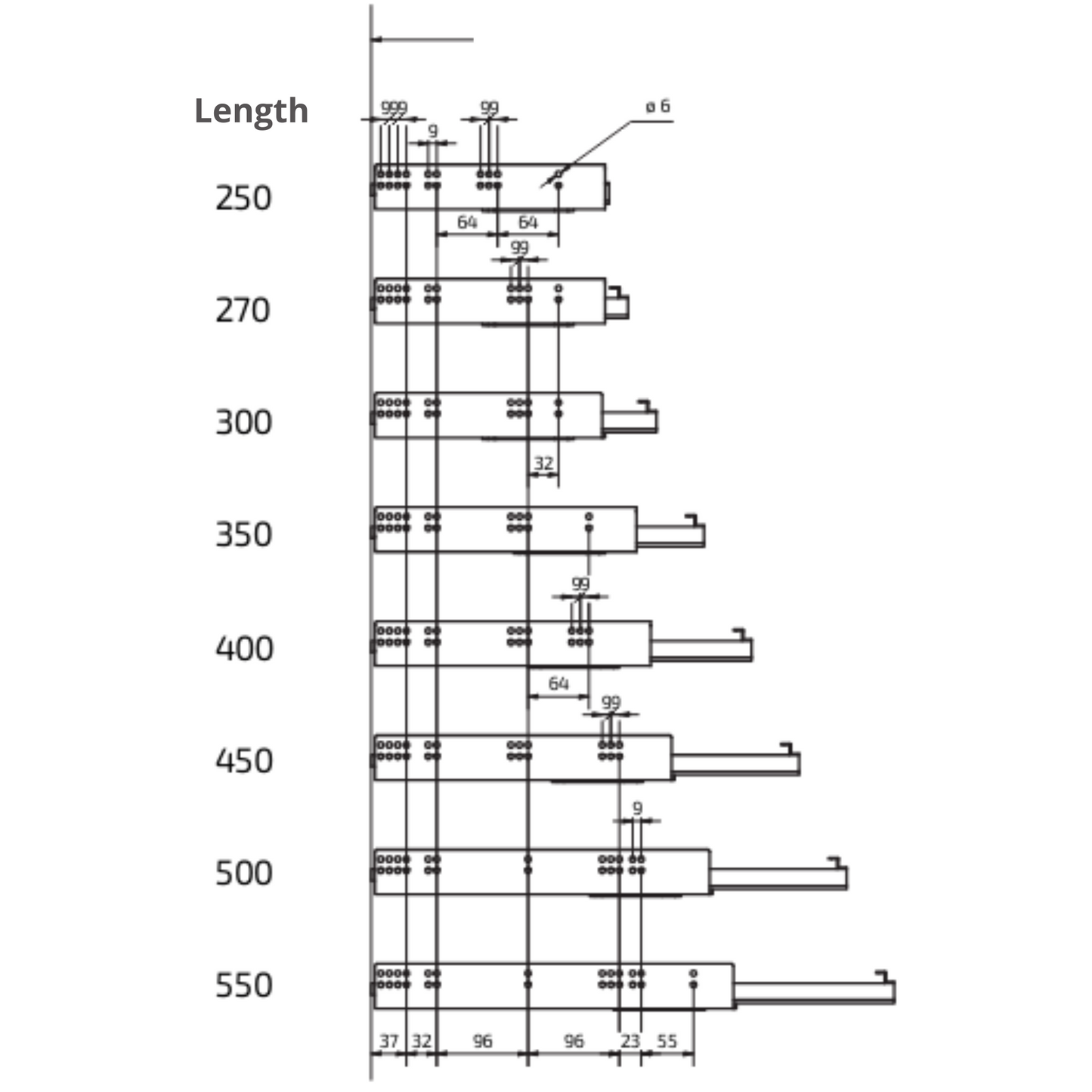 Ensemble de glissières dissimulée à ouverture par poussée (gauche et droite), extension complète 270mm