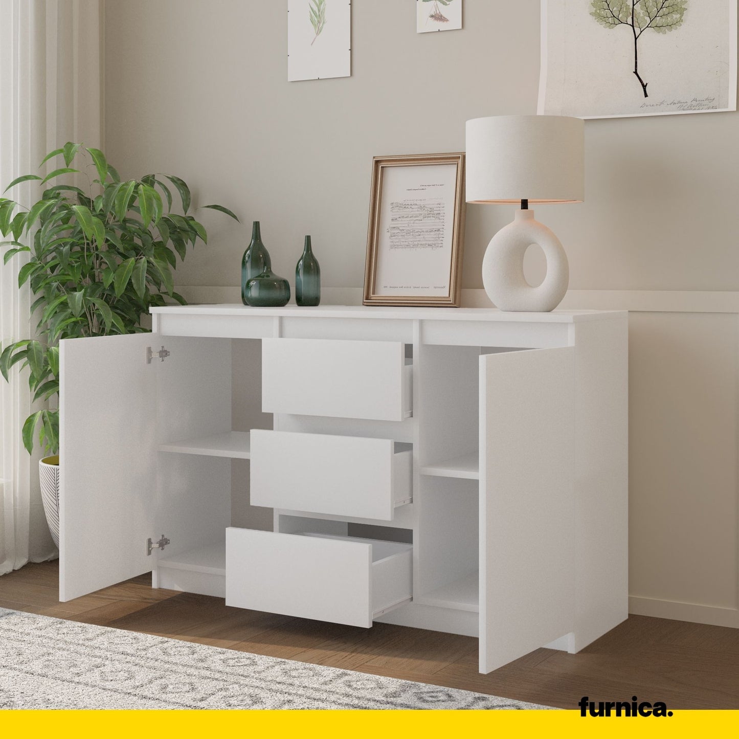 MIKEL - Commode 3 Tiroirs et 2 Portes - Armoire de Rangement pour Couloir/Chambre à Coucher - Buffet - H75cm L120cm P35cm (Blanc)