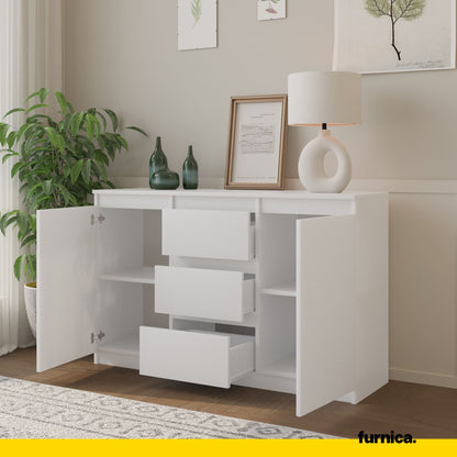 MIKEL - Commode 3 Tiroirs et 2 Portes - Armoire de Rangement pour Couloir/Chambre à Coucher - Buffet - H75cm L120cm P35cm (Blanc)