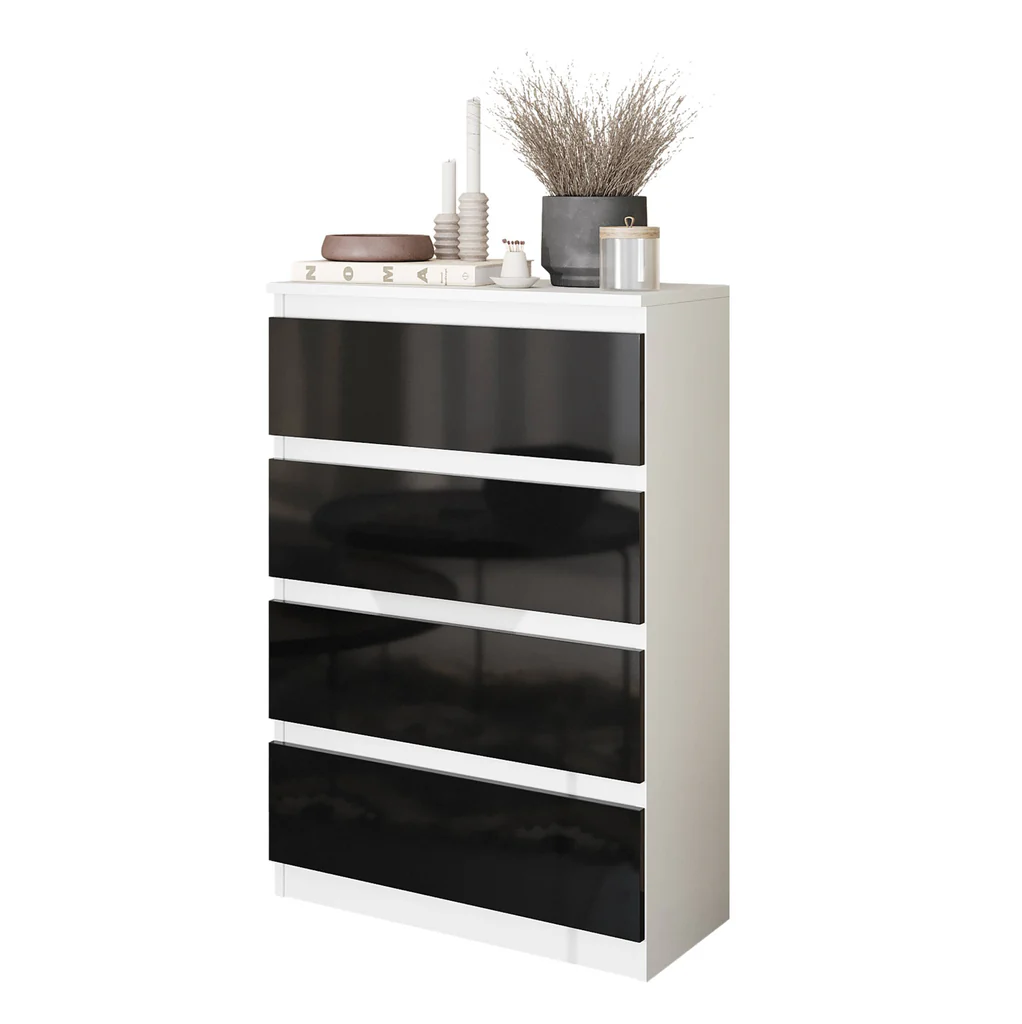 GABRIEL - Commode 4 Tiroirs - Table de Chevet Buffet - H92cm L60cm P33cm (Blanc / Noir Brillant)