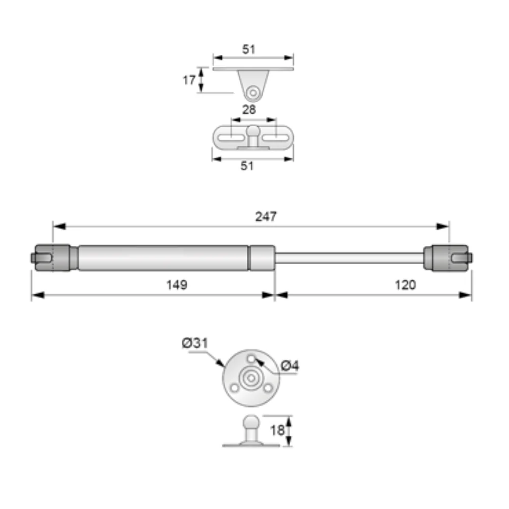 Verin de porte à gaz Inversé 250mm - 60N