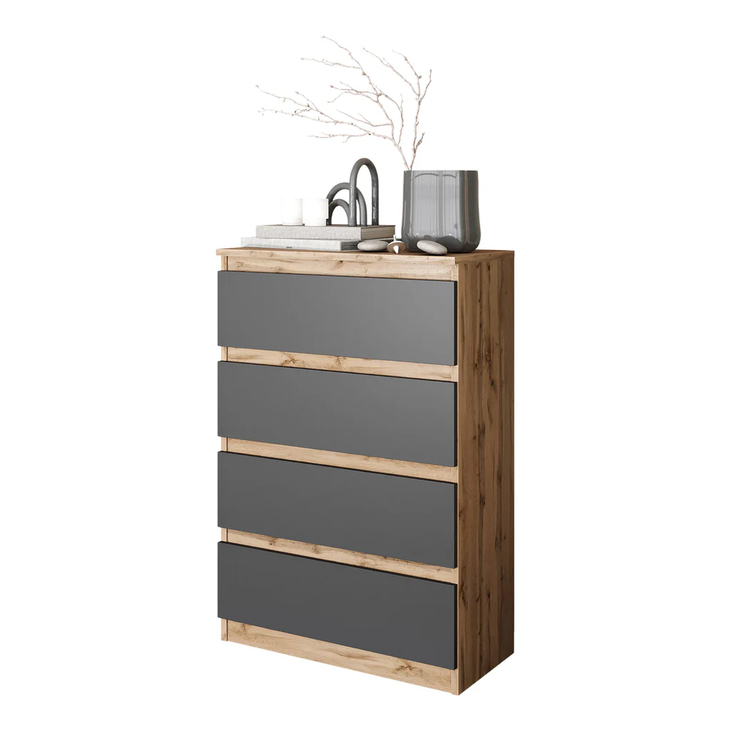 GABRIEL - Commode 4 Tiroirs - Table de Chevet Buffet - H92cm L60cm P33cm (Chêne Wotan / Anthracite)
