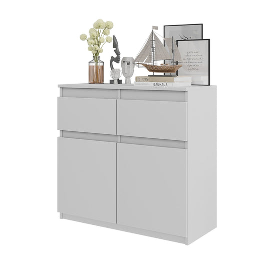 NOAH - Commode 2 Tiroirs et 2 Portes - Meuble de Rangement pour Couloir/Chambre - Buffet - H75cm L80cm P35cm (Blanc)