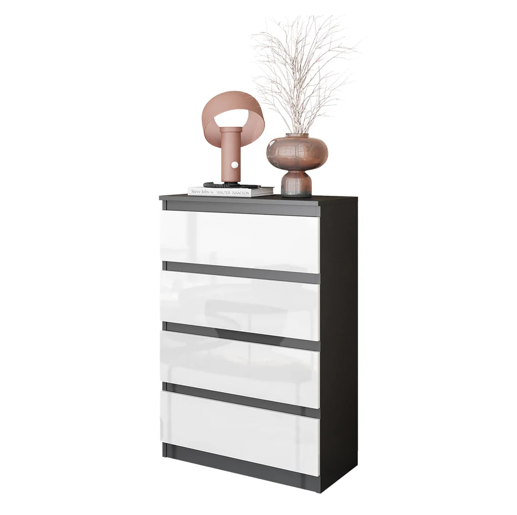GABRIEL - Commode 4 Tiroirs - Table de Chevet Buffet - H92cm L60cm P33cm (Anthracite / Blanc Brillant)