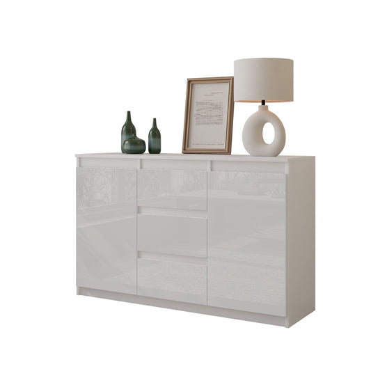 MIKEL - Commode 3 Tiroirs et 2 Portes - Armoire de Rangement pour Couloir/Chambre à Coucher - Buffet - H75cm L120cm P35cm (Blanc Matt/Blanc Brillant)
