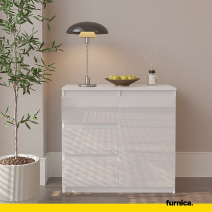 MIKEL - Commode 3 Tiroirs et 1 Porte - Armoire de Rangement pour Couloir/Chambre à Coucher - Buffet - H75cm L80cm P35cm (Blanc Matt/Blanc Brillant)