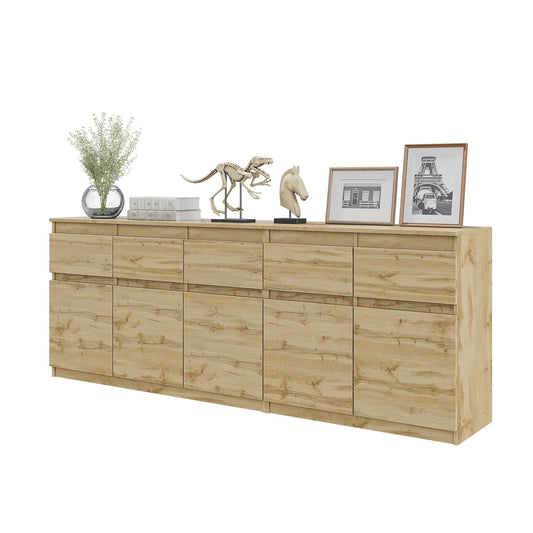 NOAH - Commode 5 Tiroirs et 5 Portes - Armoire de Rangement pour Couloir / Chambre à Coucher - Buffet - Chêne Wotan H75cm L200cm P35cm