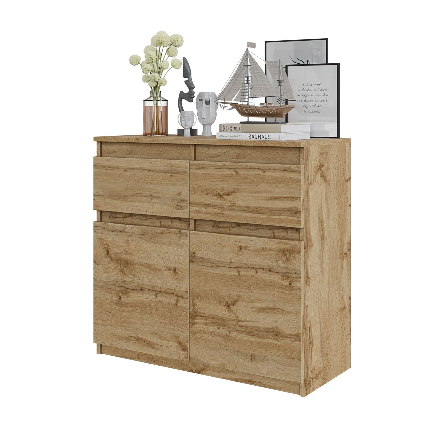 NOAH - Commode 2 Tiroirs et 2 Portes - Meuble de Rangement pour Couloir/Chambre - Buffet - H75cm L80cm P35cm (Chêne Wotan)
