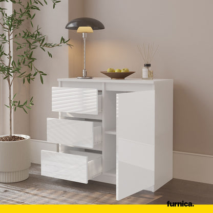 MIKEL - Commode 3 Tiroirs et 1 Porte - Armoire de Rangement pour Couloir/Chambre à Coucher - Buffet - H75cm L80cm P35cm (Blanc Matt/Blanc Brillant)