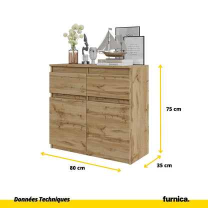 NOAH - Commode 2 Tiroirs et 2 Portes - Meuble de Rangement pour Couloir/Chambre - Buffet - H75cm L80cm P35cm (Chêne Wotan)