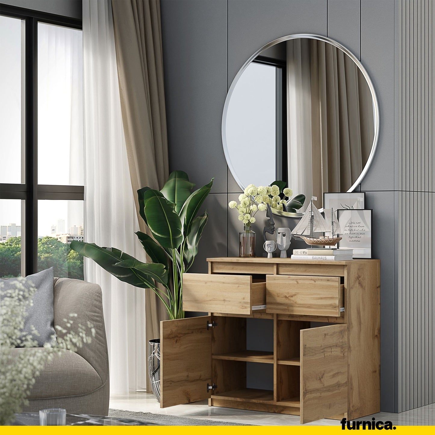 NOAH - Commode 2 Tiroirs et 2 Portes - Meuble de Rangement pour Couloir/Chambre - Buffet - H75cm L80cm P35cm (Chêne Wotan)