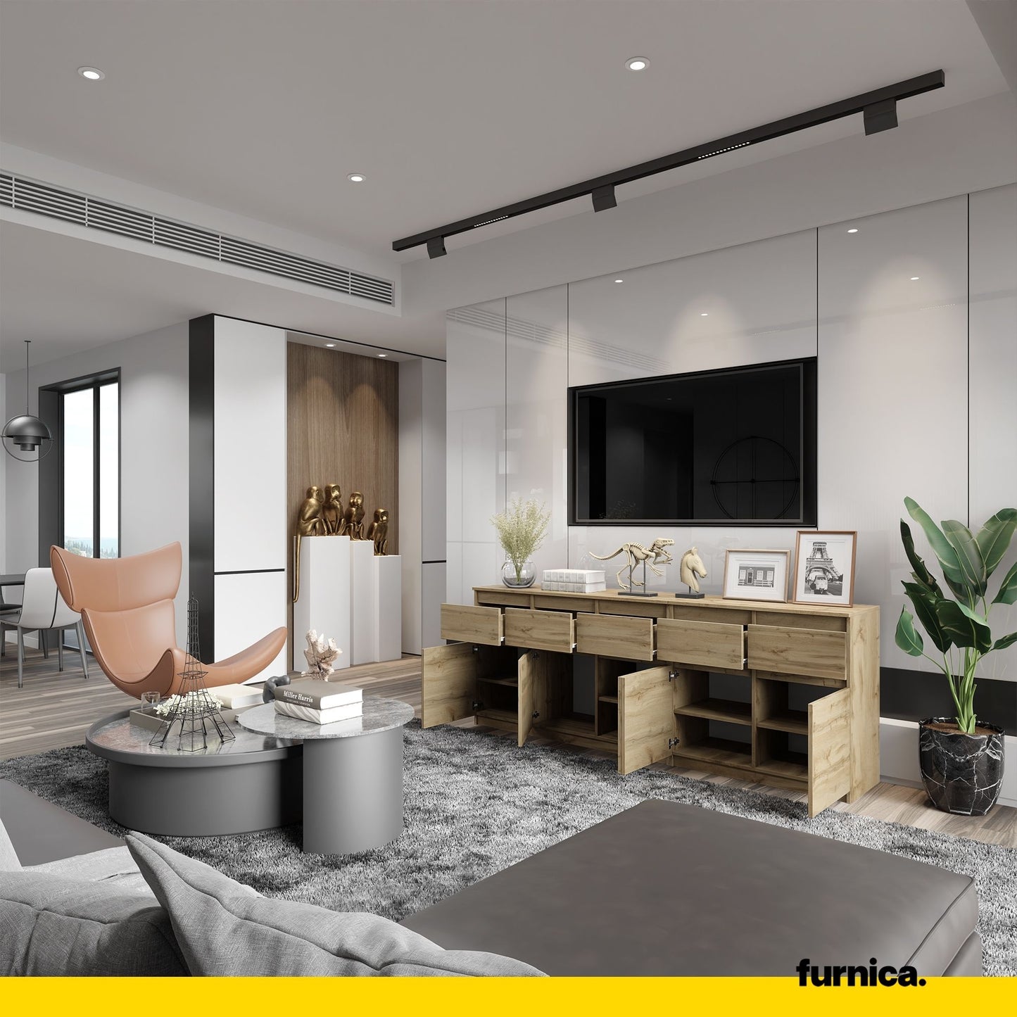 NOAH - Commode 5 Tiroirs et 5 Portes - Armoire de Rangement pour Couloir / Chambre à Coucher - Buffet - Chêne Wotan H75cm L200cm P35cm